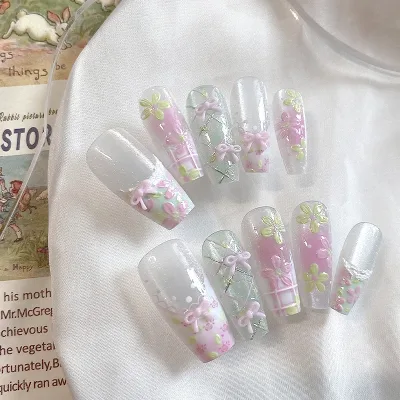 Faux ongles forme cercueil à motif floral, 10 pièces – image 3