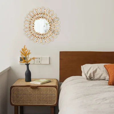 Miroir mural rond en rotin, couleur bois – image 2